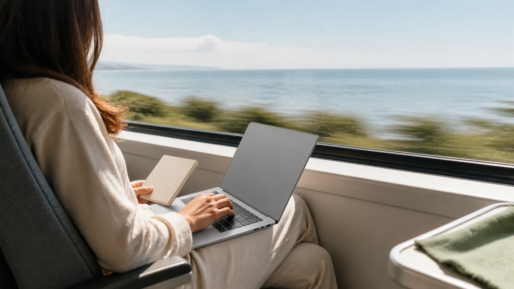 A Mac user keeps writing while a train moves through a bright landscape outside.
