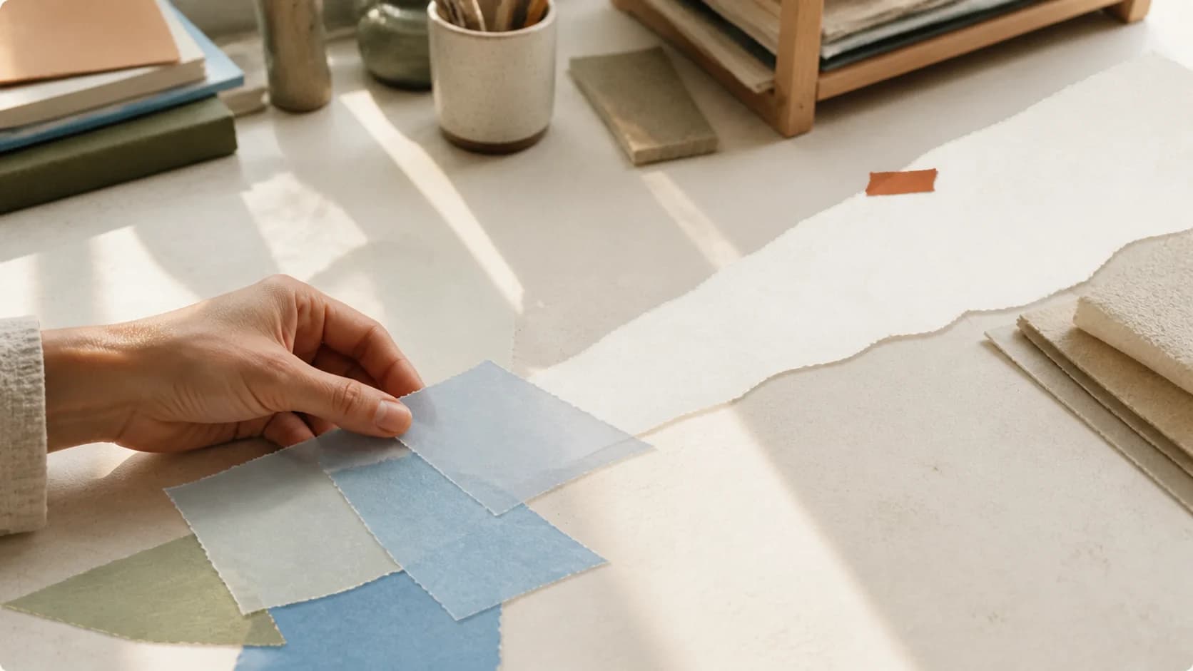 A hand aligning rough blue paper fragments into one clear continuous strip