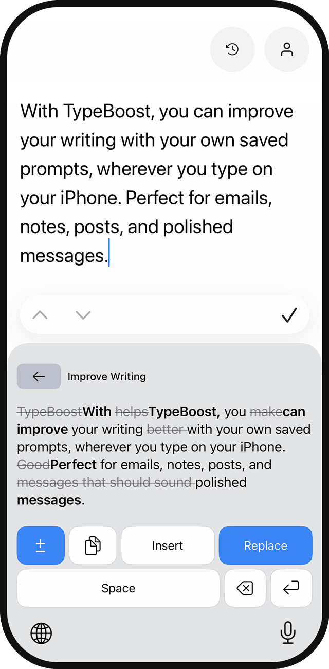 TypeBoost keyboard on iPhone improving selected text with a saved prompt